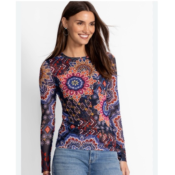 Johnny Was Tops - Johnny Was JADE Natalie Padma Mesh Long Sleeve Top Mandala Print 1X